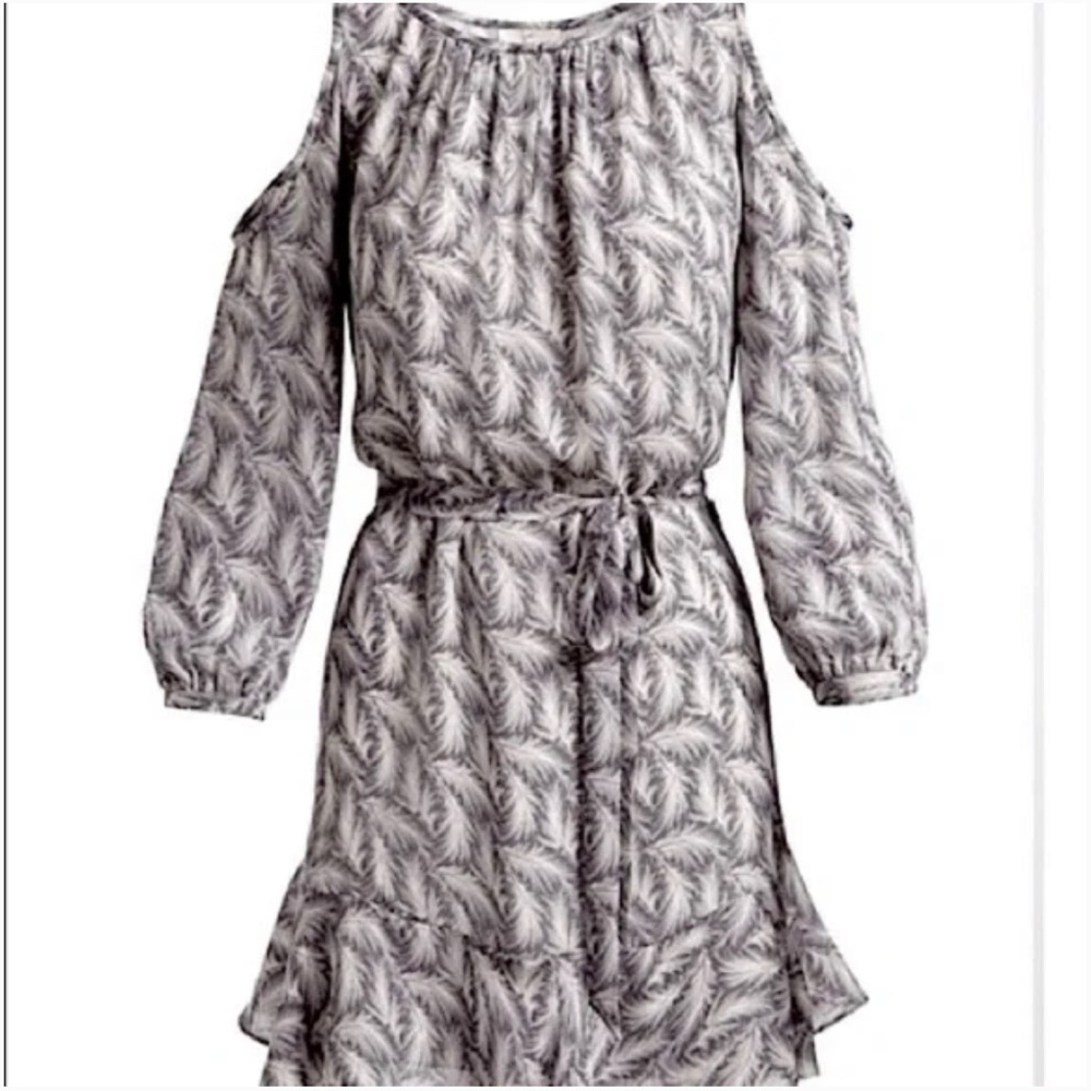 Joie Isaline Feather Cold Shoulder Mini Dress Gray White Print Silk Tie Belt XXS - Picture 5 of 16